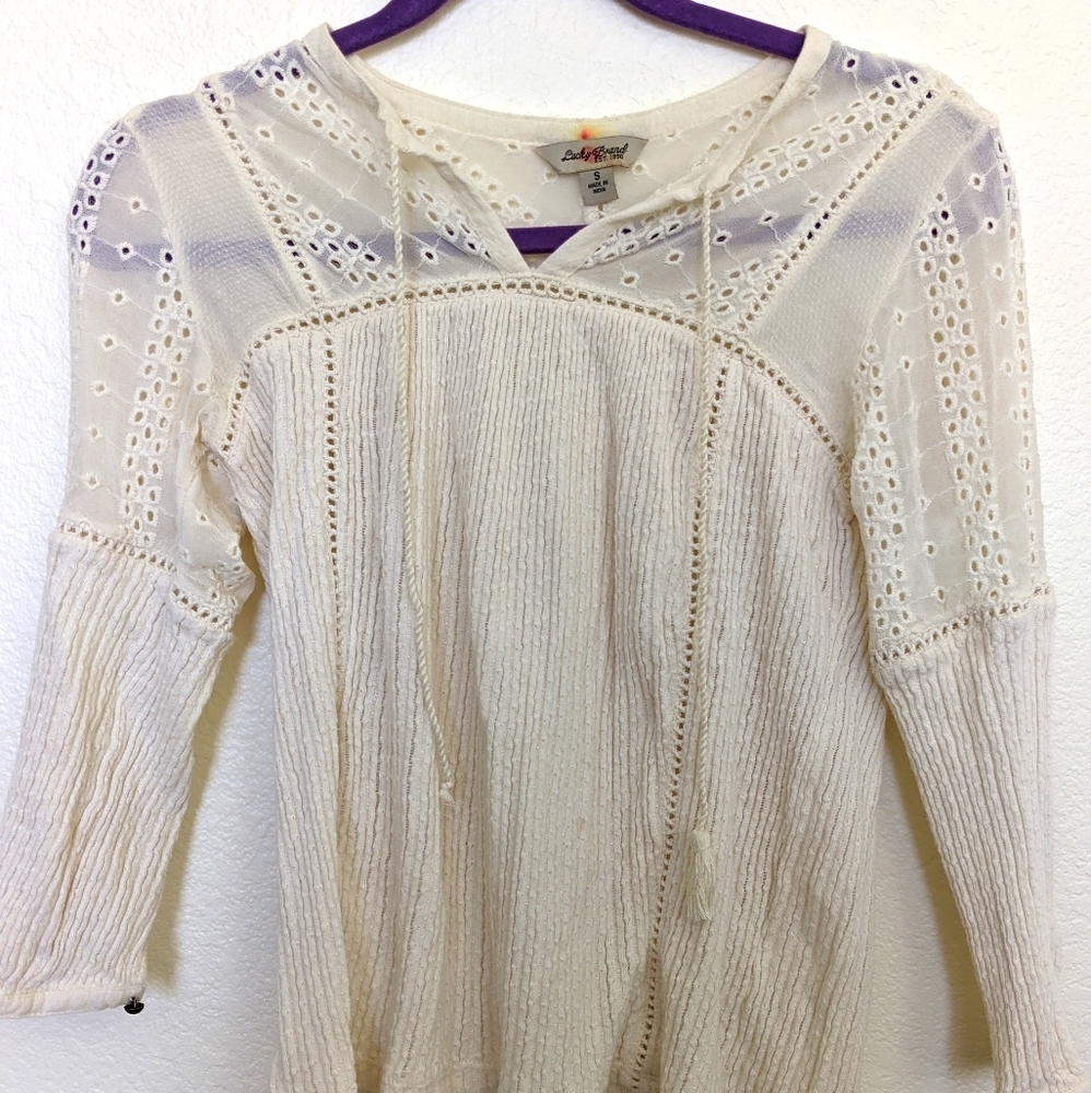 Lucky Brand Eyelet Lace Ivory Long Sleeve Top